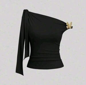 Sweetra Oblique Shoulder Bow Tie Blouse